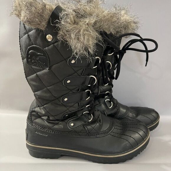SOREL Womens Size 10 Tofino Snow Boot Black Quilted Fur Lined Waterproof Lace Up - Picture 1 of 16